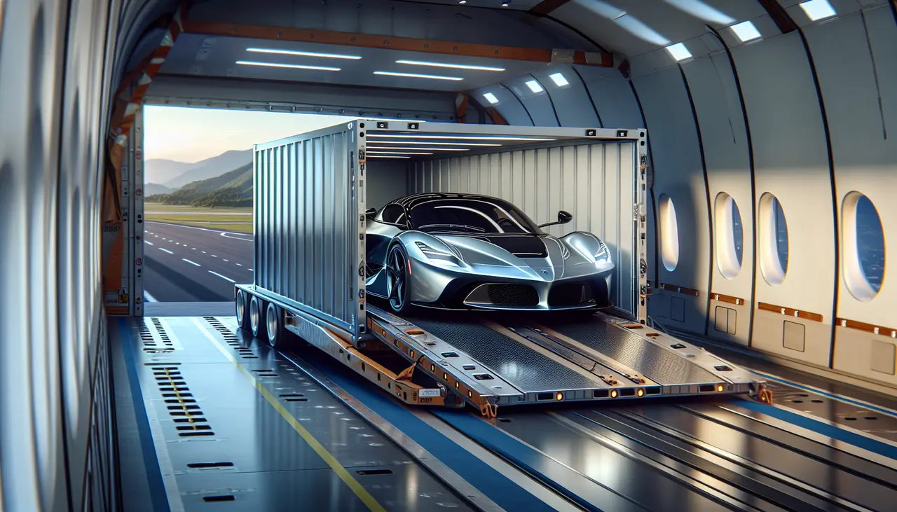 A sleek silver sports car rests in a shipping container, secured within the spacious cargo hold of an airplane. With the open hatch revealing a runway and distant mountains, it highlights the benefits of door-to-door exotic vehicle transport, ensuring seamless and protected delivery.