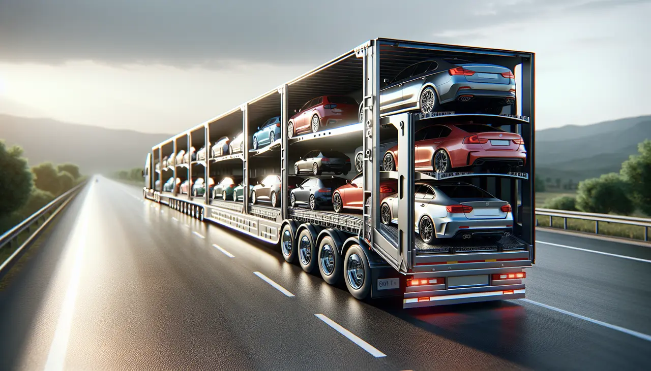 A multi-level car transporter truck barrels down the highway, loaded with vehicles in stacked rows. As the road stretches into the distance, framed by green trees and a partly cloudy sky, many wonder about car shipping quotes and what you need to know before embarking on such a journey.