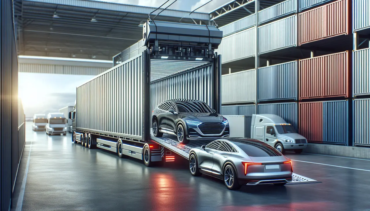 A futuristic car is being loaded into a large shipping container on a specialized trailer. The scene is set in an industrial warehouse with additional containers and trucks in the background, suggesting modern transportation and logistics.