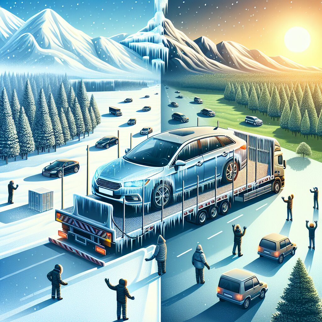 A surreal image captures a snowbirds car shipping truck on a road dividing two seasons: winter on the left with snow and cars, and summer on the right with green fields and bright sun. People stand on the roadway, waving at the truck.