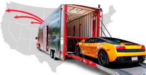 A bright yellow sports car is expertly loaded into a red and gray enclosed trailer by U.S. Auto Movers. Set against a transparent map of the United States, red arrows point in various directions, illustrating its journey across the country.