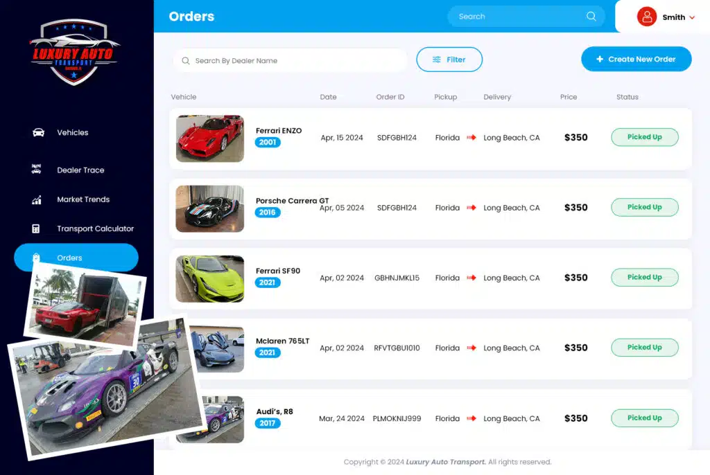 Auto Auction Car orders list with details